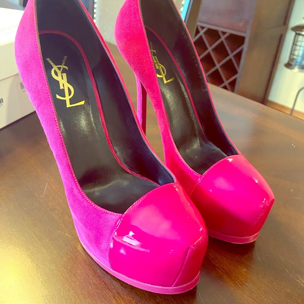 YSL Tribute Two Capped Toe Fuchsia Pumps